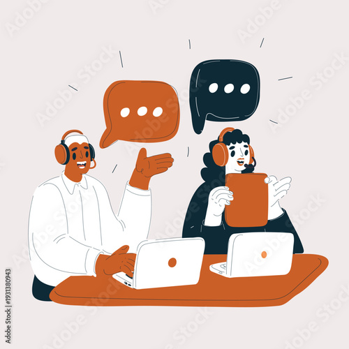 Cartoon vector illustration of call center staff talking with clients, customer service concept, headset as metaphor for communication, support and professionalism