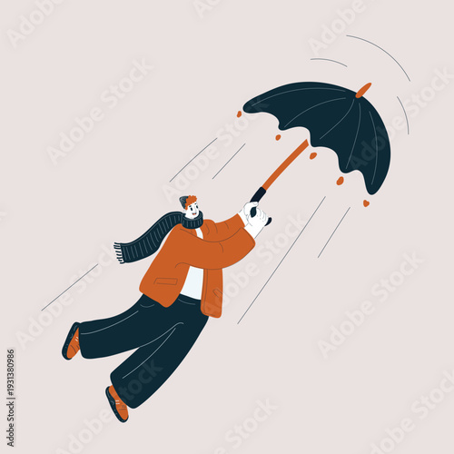 Cartoon vector illustration of man flying on umbrella in the wind, adventure and whimsy concept, umbrella as metaphor for freedom, imagination and playful exploration
