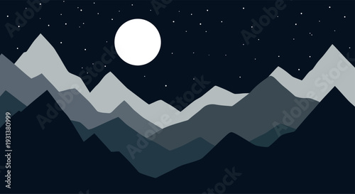 Minimalist flat design illustration of a serene mountain landscape at night with a full moon and stars
