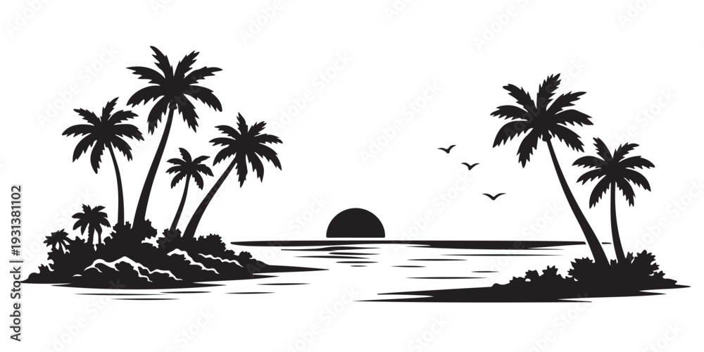 Fototapeta premium Summer Tropical Island Silhouette, Vector Illustration, Isolated on White Background