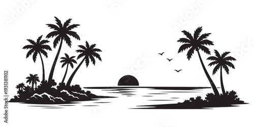 Summer Tropical Island Silhouette, Vector Illustration, Isolated on White Background