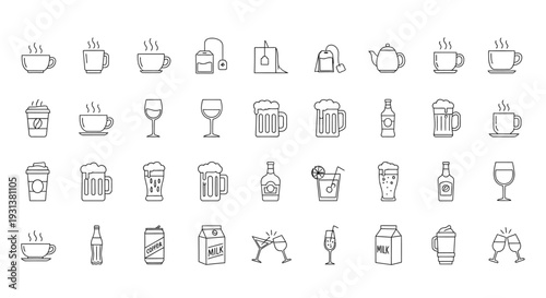 outline beverage icons set illustrating various drinks including coffee tea beer wine and milk.