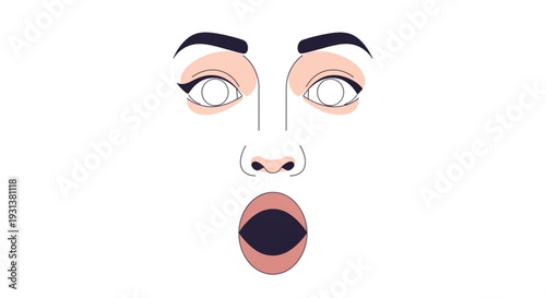 Surprised face with wide eyes and open mouth in minimalistic illustration style on white background