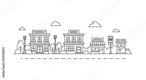 outline illustration of a city street with a bank pharmacy and post office a simple urban landscape for design.