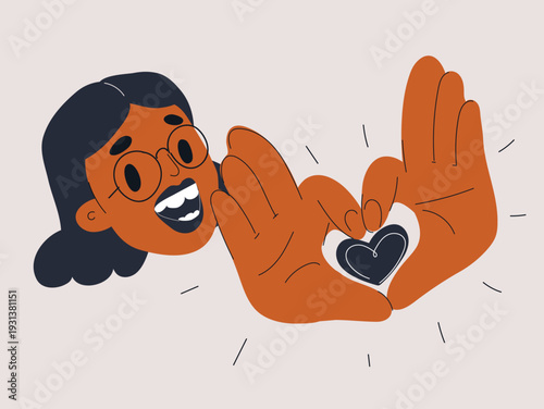 Cartoon vector illustration of woman making finger heart gesture, love and affection concept, fingers as metaphor for care, friendship and positive emotions