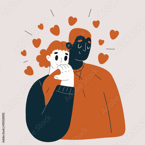 Cartoon vector illustration of woman hugging man from behind, love and affection concept, embrace as metaphor for care, support and emotional connection