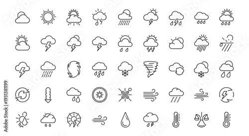 outline weather icons collection illustrating diverse meteorological elements and forecast symbols for web and mobile app design.