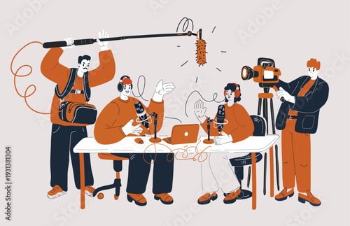 Cartoon vector illustration of bloggers on filming set interviewing each other, content creation and collaboration concept, camera and microphone as metaphor for storytelling and digital media interac