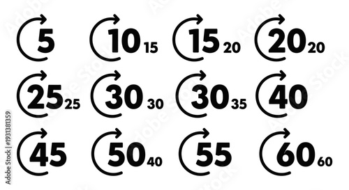 set of circular arrow time icons with numbers illustrating refresh rewind and skip forward actions for modern user interface design.