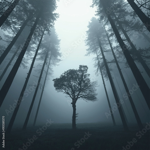 Lone tree standing in a mysterious foggy forest with tall pine trees, moody atmospheric background, ethereal nature landscape with copy space for text, dark forest silhouette, minimalist concept.