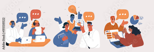 Cartoon vector illustration of three business scenes: people with managers interacting with clients, and teams discussing charts and ideas, business and teamwork concept, charts and dialogue as metaph