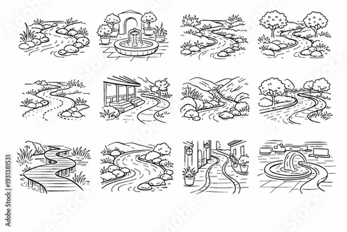 Simple riverside arc plaza icon meander runnel contour generation image hillside sway