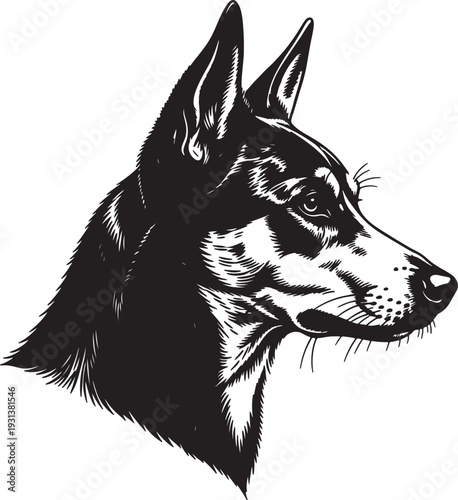Black and white of a german shepherd dog head in profile also transparent background