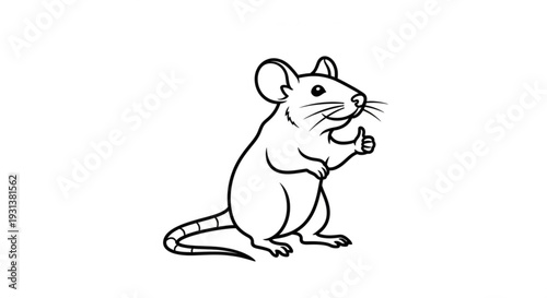 Cute mouse standing on hind legs giving thumbs up in black and white line art illustration on plain background