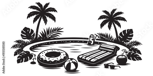 Summer Pool Party Silhouette, Vector Illustration, Isolated on White Background