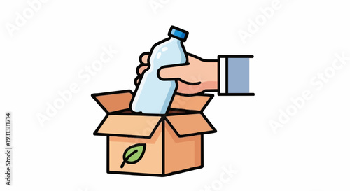 Hand places a plastic bottle with a green leaf recycling symbol into a cardboard box for environmentally conscious disposal and waste management