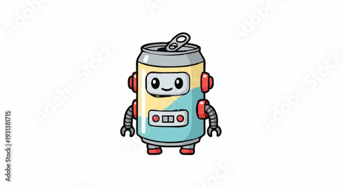 Cute robot can character illustration, a whimsical and friendly beverage container with a robotic design
