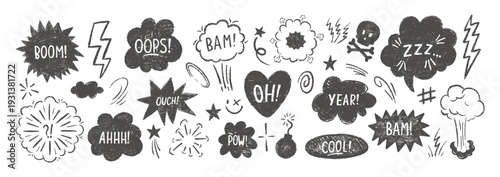 Comic explosion effect with colorful boom burst and cartoon bang elements, hand-drawn pencil sketch style with crayon or chalk texture. Vector illustration.