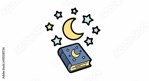 Children's bedtime storybook with a crescent moon and twinkling stars, symbolizing imagination and dreams