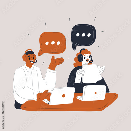 Cartoon vector illustration of two call center workers talking to clients, customer service concept, headset as metaphor for communication, support and professionalism
