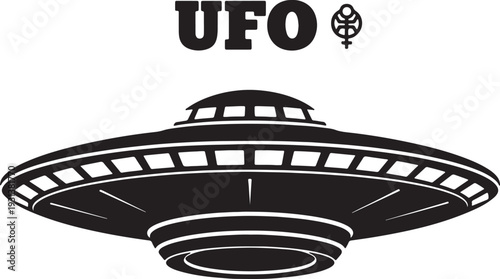 Black and white silhouette of a classic u f o with text and planet symbol also transparent background