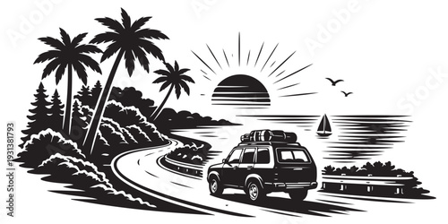 Summer Road Trip Silhouette, Vector Illustration, Isolated on White Background