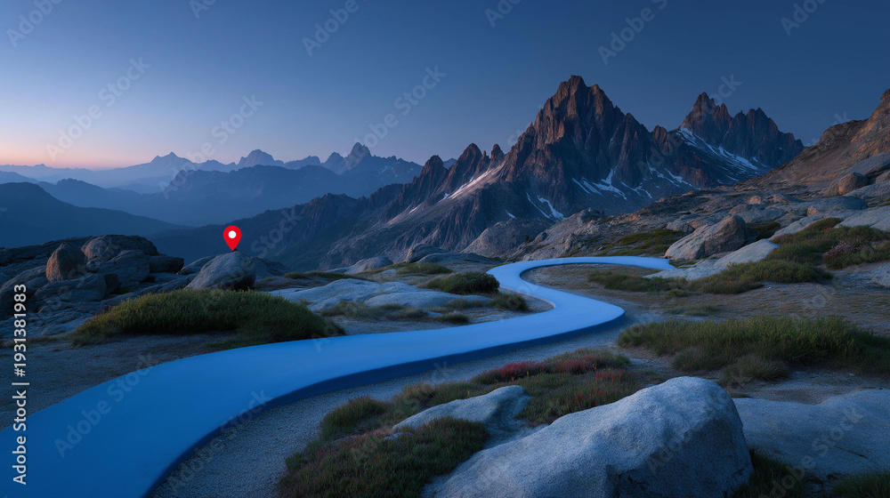 Obraz premium Unique neon blue road pathway rolling through a mountainous terrain, complimented by a glowing location marker indicating thrilling hikes. A breathtaking view of rocky peaks at sunrise, casting