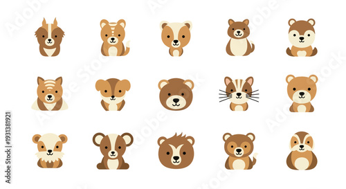 Collection of cartoon animal faces including bears and kangaroos displayed in grid pattern