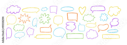 Hand-drawn speech bubbles in pastel crayon colors with doodle frames and playful chalk textures for creative dialog designs. Color vector illustration.