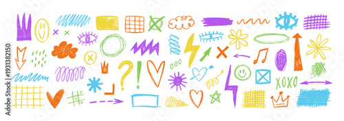 Punk rock icon set with lightning bolts, hand-drawn doodles, and fire elements. Doodle sticker collection featuring music symbols, hearts, and grunge textures. Vector ilustration.