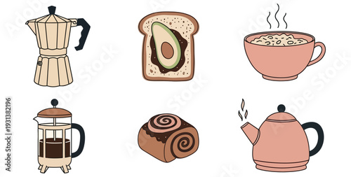 Hand-drawn coffee and breakfast set featuring moka pot, avocado toast, cereal bowl, French press, cinnamon roll, and teapot icons isolated on white for cafe menus and morning routine designs. 