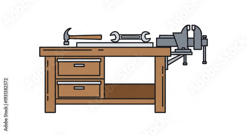 Wooden workbench with tools and equipment for diy projects and repairs in a workshop