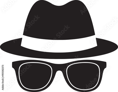 Black fedora hat and sunglasses with white hat band also transparent background