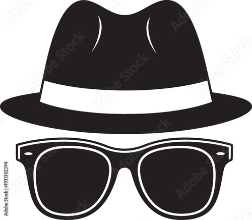 Black fedora hat with white band and black sunglasses also transparent background retro style