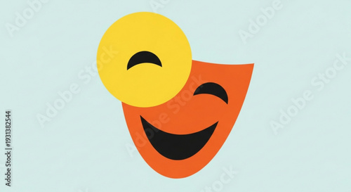 Theatrical masks with smiling and frowning faces on light blue background symbolizing emotions and drama