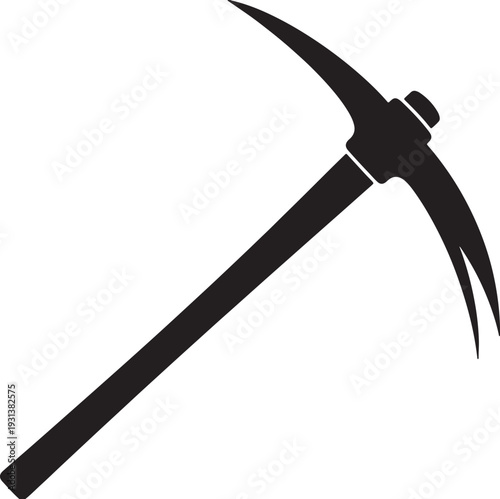 Black silhouette of a pickaxe with a long handle and sharp tip also transparent background tool mining