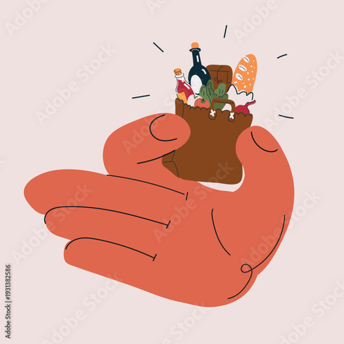 Cartoon vector illustration of hand holding small grocery bag with both hands, inflation concept, tiny bag as metaphor for rising prices and shrinking purchasing power
