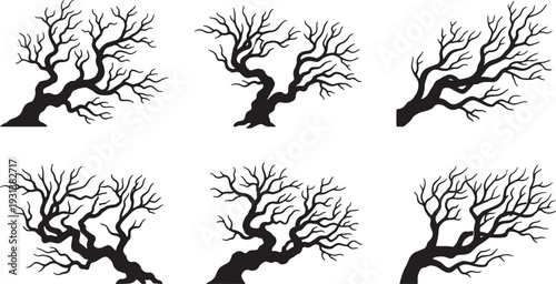 Black silhouettes of six leafless bonsai trees against white background also transparent background branches