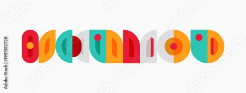 Colorful retro typography design. Geometric shapes form word, playful aesthetic. Bright hues create vibrant visual impact.