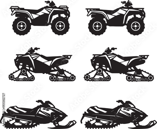 Black silhouettes of three different off-road vehicles including a t vs and snowmobiles also transparent background