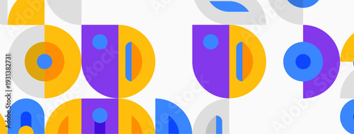 Abstract pattern features colorful faces. Shapes overlap creating playful design. Yellow, purple, blue dominate composition. Simple geometry defines forms.