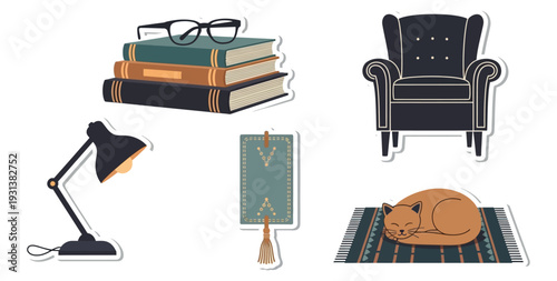 cozy, reading, armchair, book, cat, lamp, rug, sticker, home, library, hobby, relaxation, furniture, glasses, stack, literature, study, comfort, interior, design, hand drawn, doodle, flat design, illu