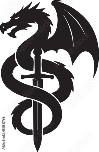 Dragon Wrapped Around Sword Silhouette - Mythical Beast and Medieval Weapon Vector Illustration