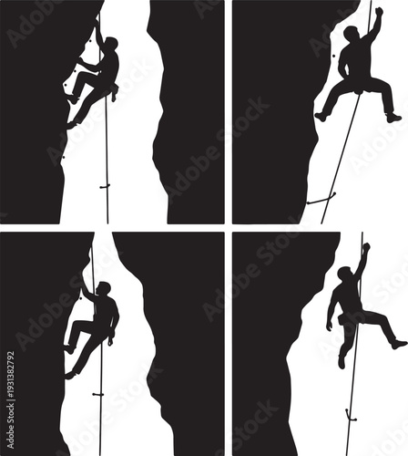 Four black and white silhouettes of climbers rappelling down a rock face with ropes also transparent background