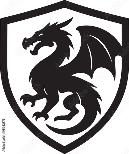 Dragon Shield Crest Silhouette - Mythical Creature Heraldry Logo Vector Icon
