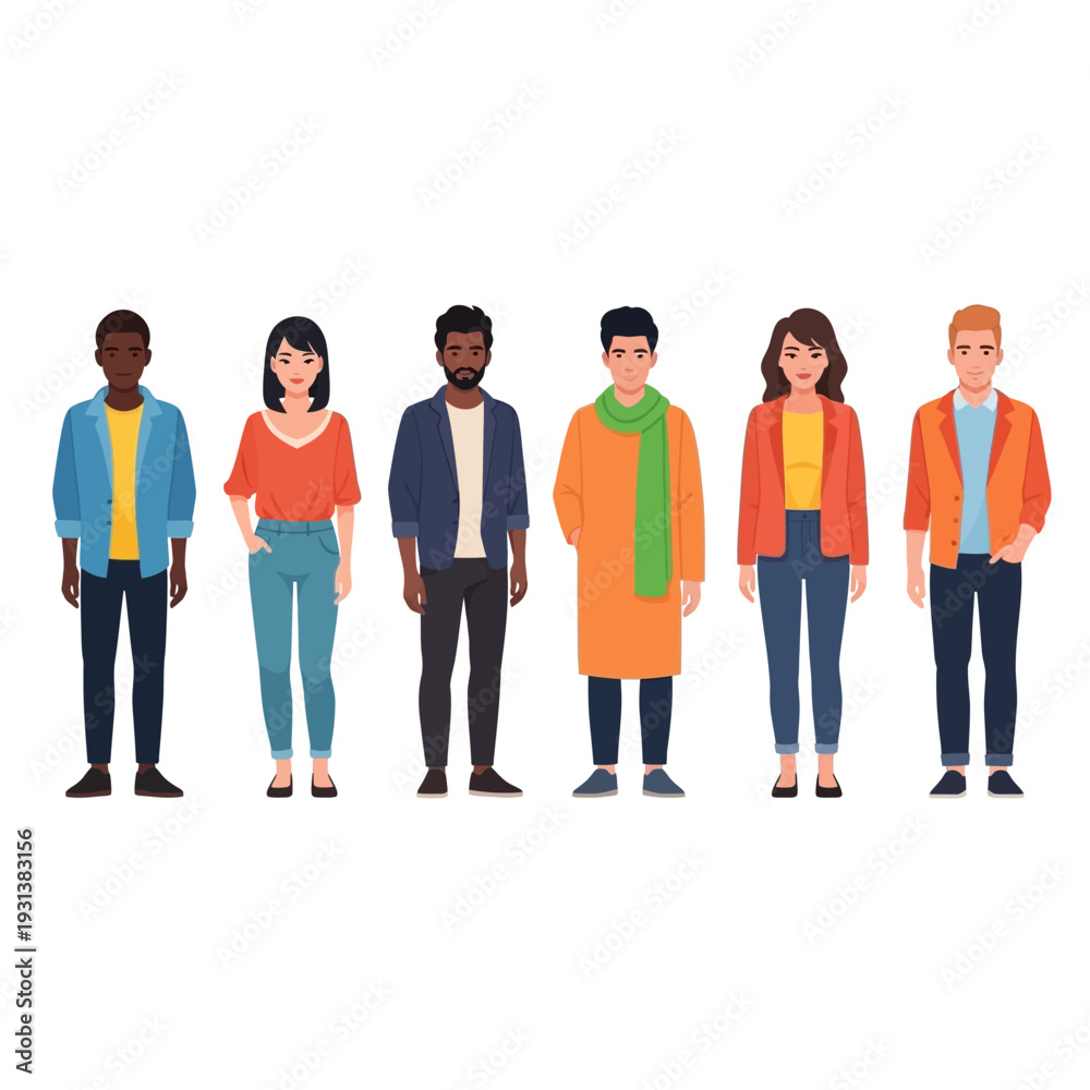 Obraz premium Diverse group of people standing together in a line, showcasing various styles and outfits