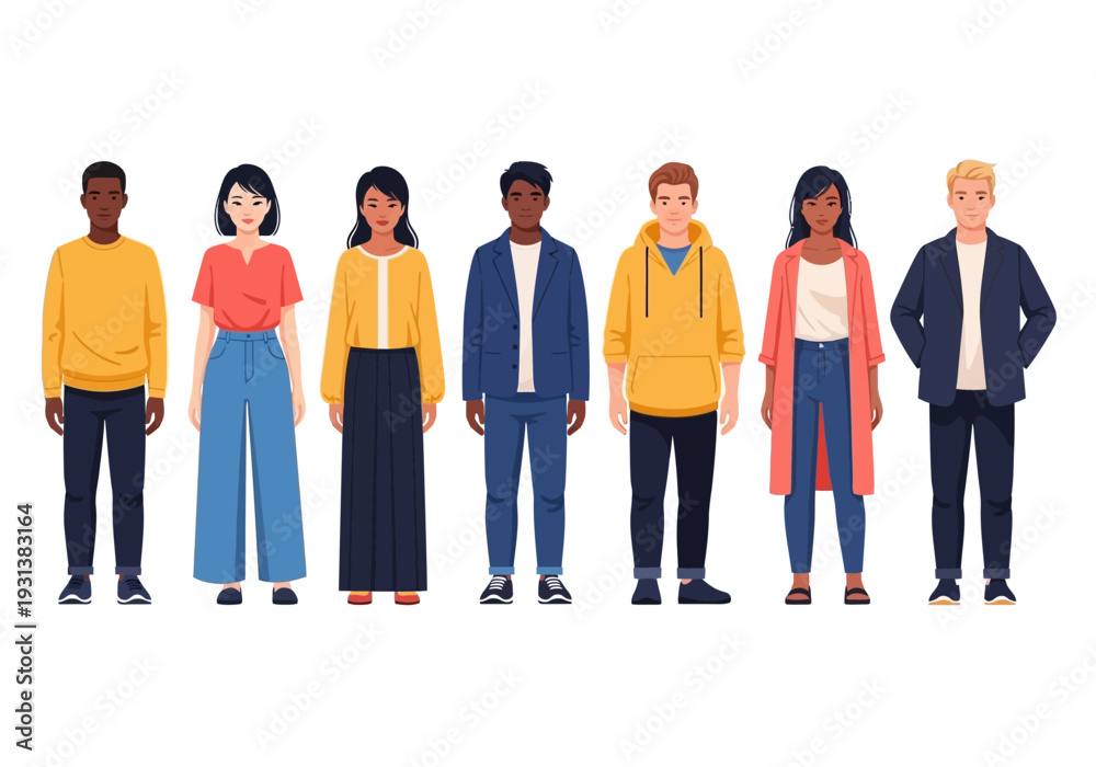Obraz premium Diverse group of young adults standing together in a line, showcasing different cultures and styles in a modern illustration.