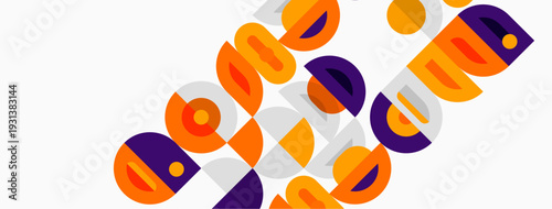 Abstract geometric shapes overlap, creating vibrant orange, purple design on white background. Modern, playful composition.