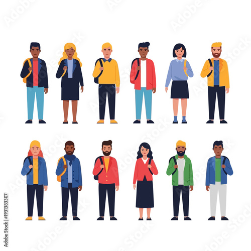 Diverse group of people standing together, holding backpacks, wearing casual attire