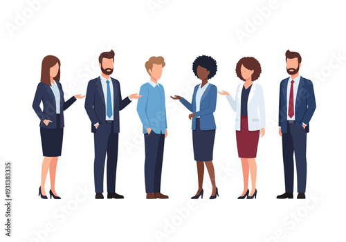 Diverse professionals standing together in a line, interacting and discussing business matters in a modern office environment